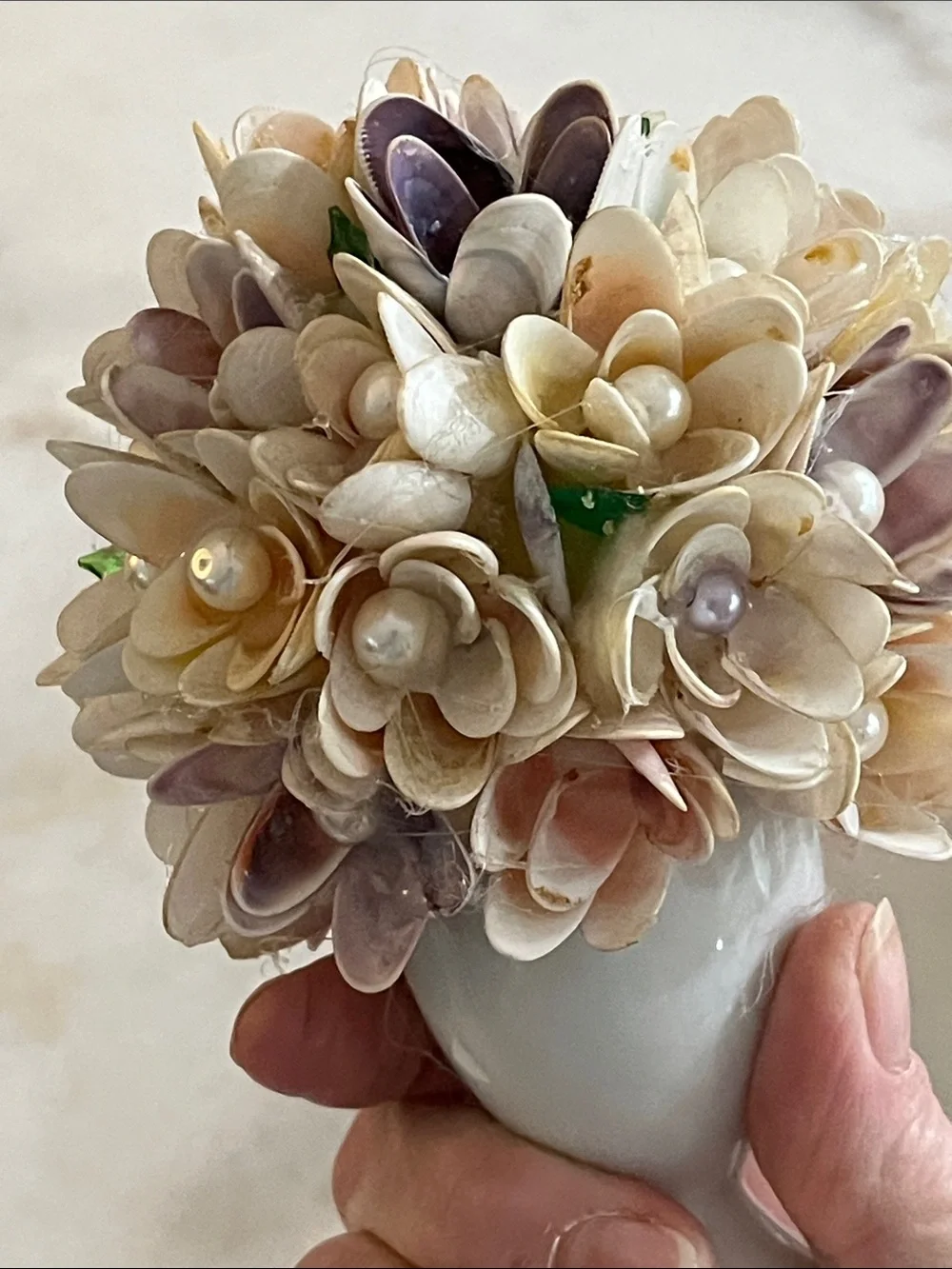Handcrafted Shell Flower Topiary in Cream, Purple & Pink Faux Pearls